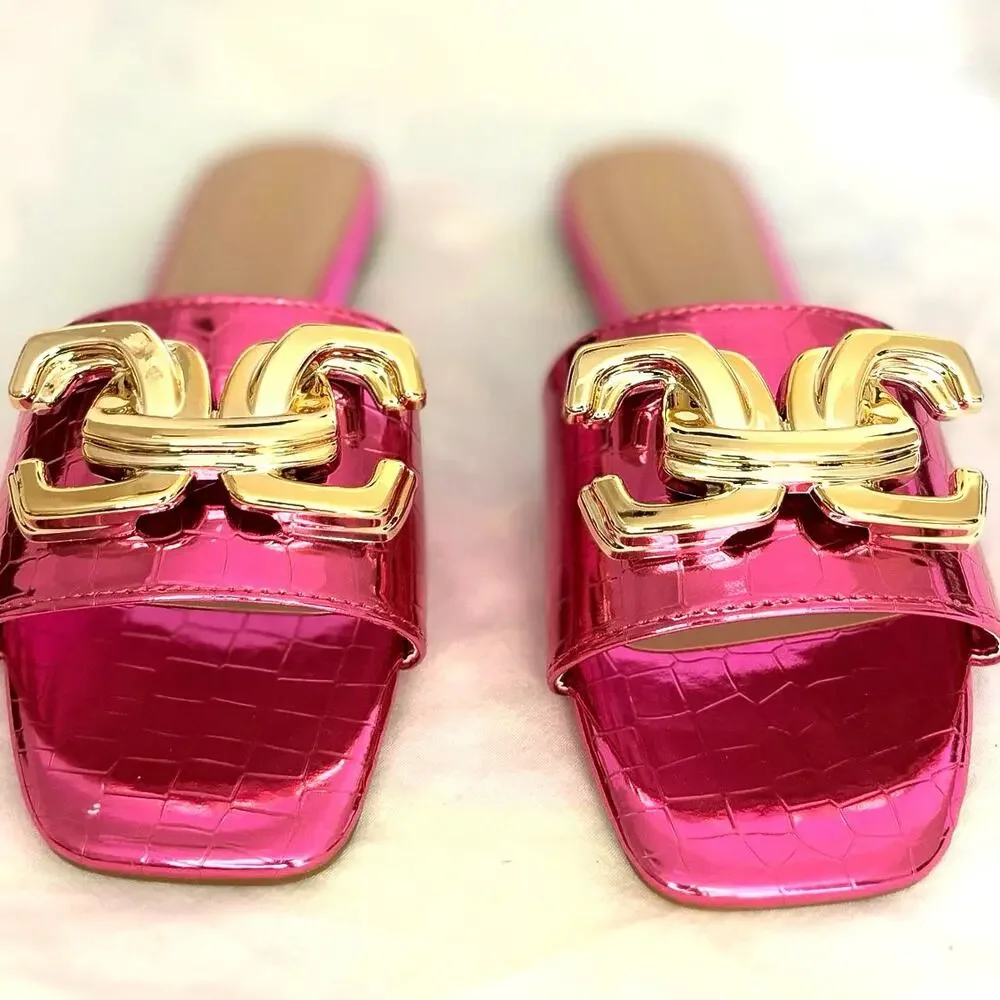Bamboo Buzzing-13 Slide Sandals Womens 8.5 Hot Pink Metallic Gold Chain NIB